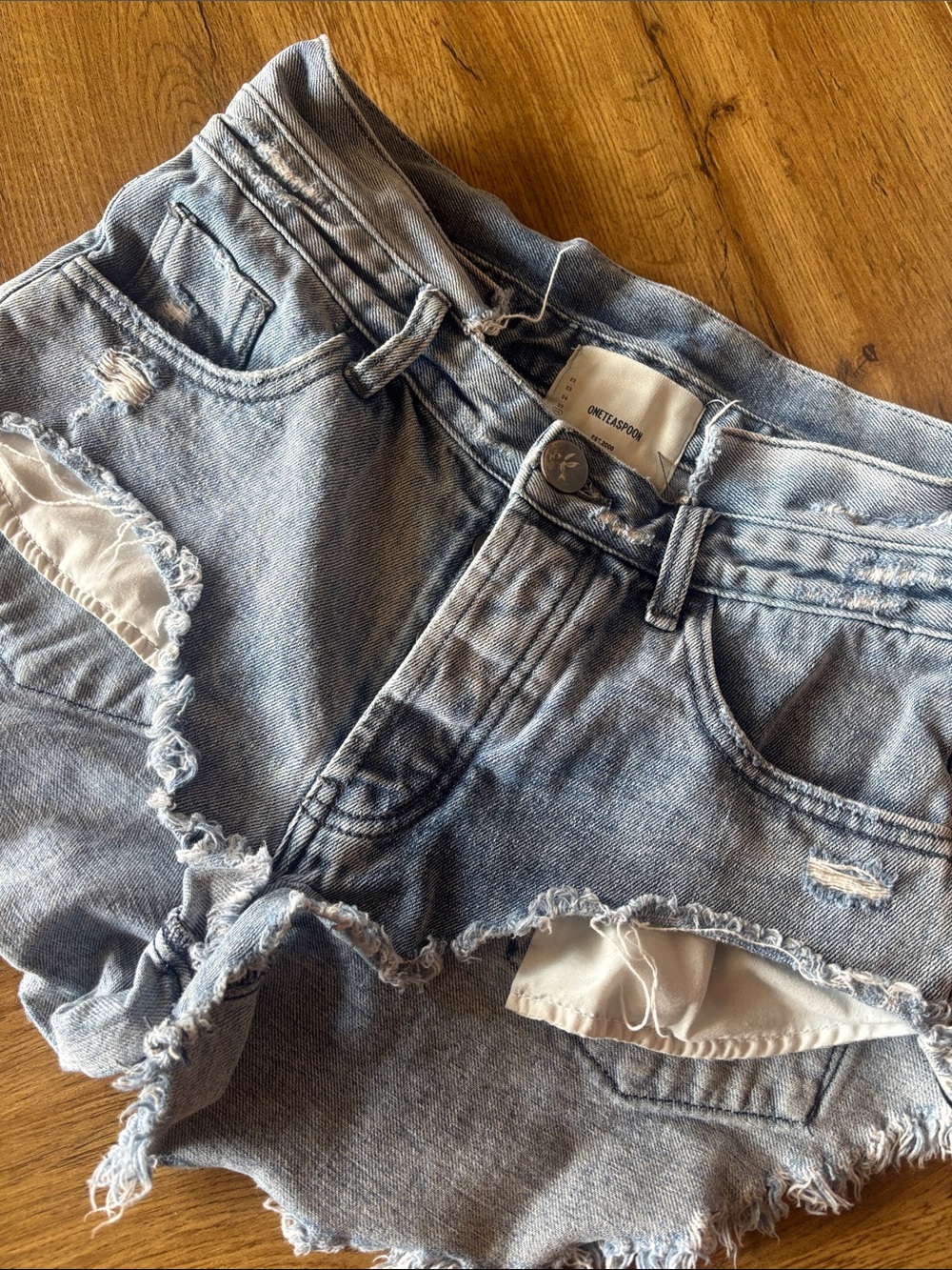 One Teaspoon Washed Blue Distressed Denim Cutoff Shorts